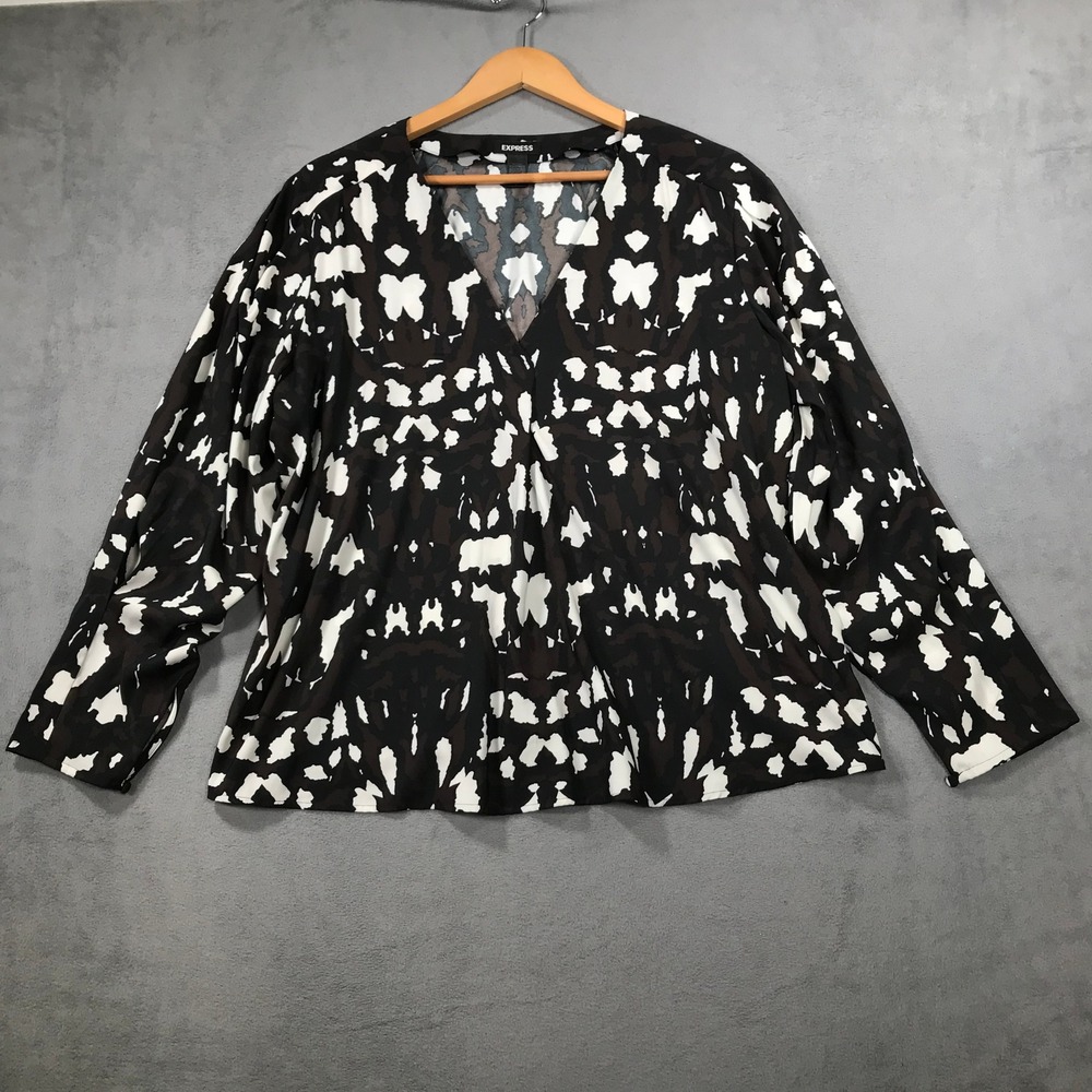 Express Blouse Women XL Black White Brown Excellent Abstract V-Neck Long Sleeve